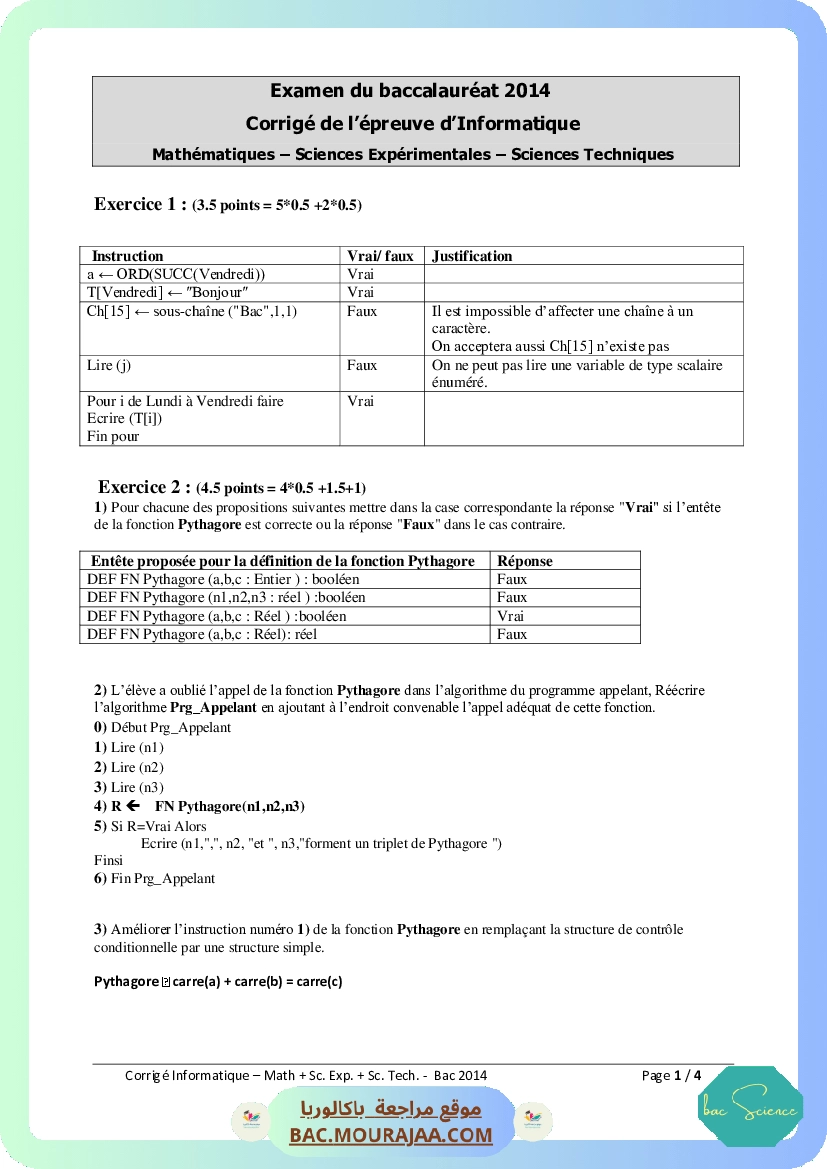 Corrigé principale info Bac 2014 – Section science